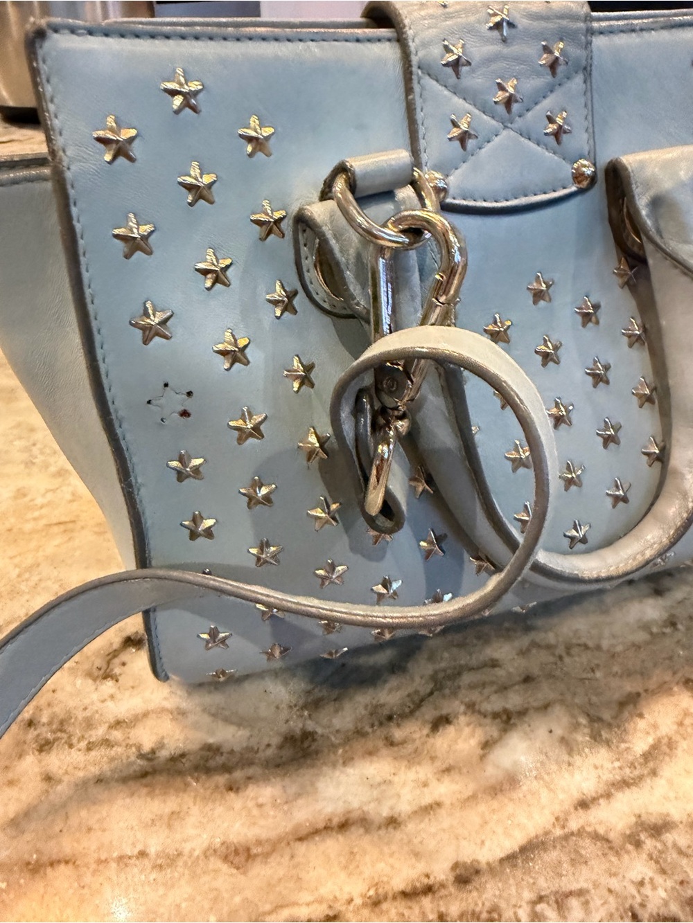 Jimmy Choo Powder Blue Star-Studded Leather Satchel with Gold Hardware - Picture 4 of 4